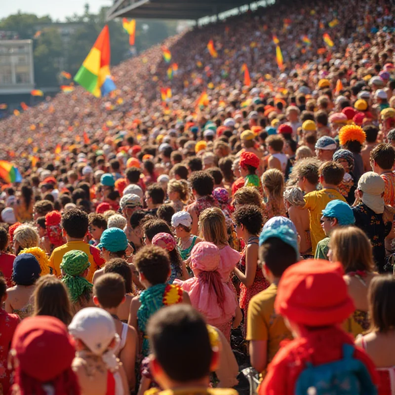 A wide shot of the audience at Sapucaí, showing the crowded stands and the vibrant atmosphere of the Carnival celebration.