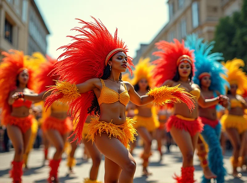 A group of samba dancers in colorful, feathered costumes, performing a high-energy routine during the Sapucaí parade.