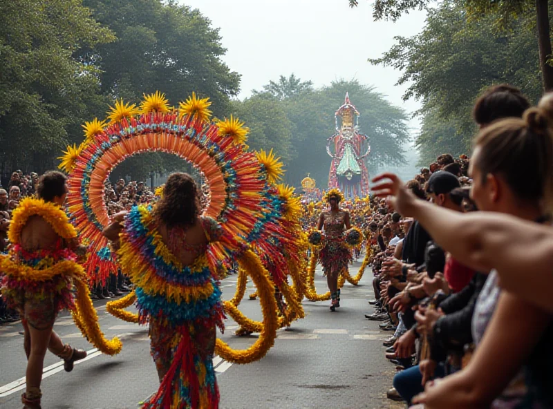 A vibrant street scene from the São Paulo Carnival, showing a school's parade with elaborate costumes and floats.