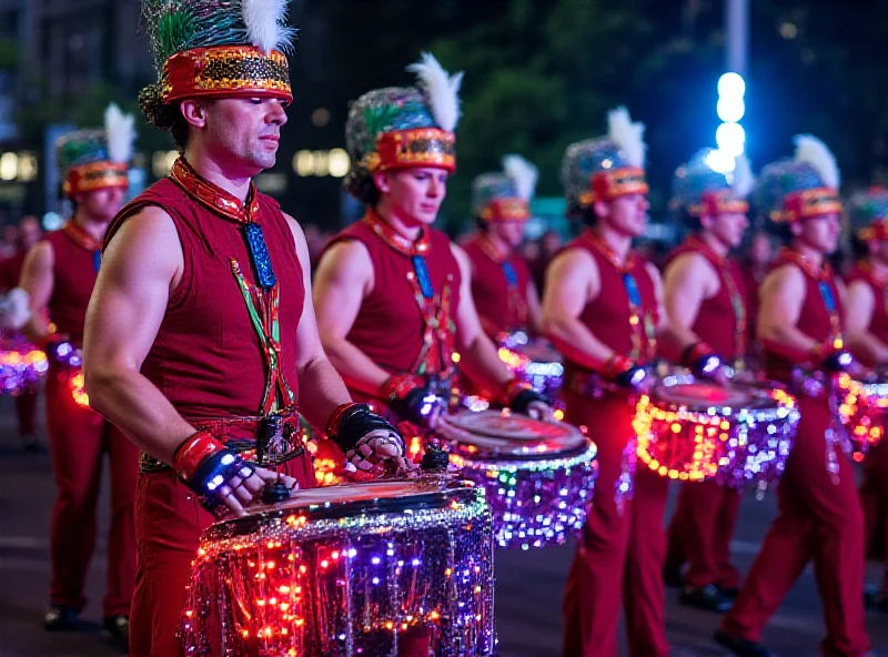 A vibrant photograph of a high-tech drumline performing in the Sapucaí parade.