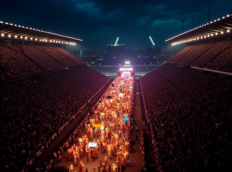 A wide shot of the Sapucaí stadium filled with people and illuminated by bright lights during the carnival parade.