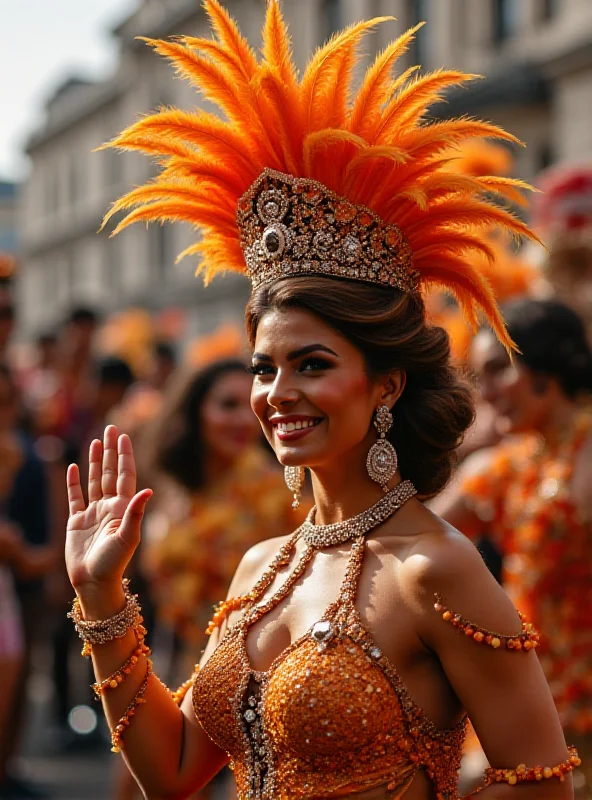 A close-up shot of a samba queen in elaborate costume, smiling and waving to the crowd at the Sapucaí parade.