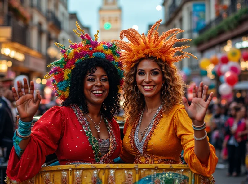 Fafá de Belém and Dona Onete waving during the Grande Rio parade