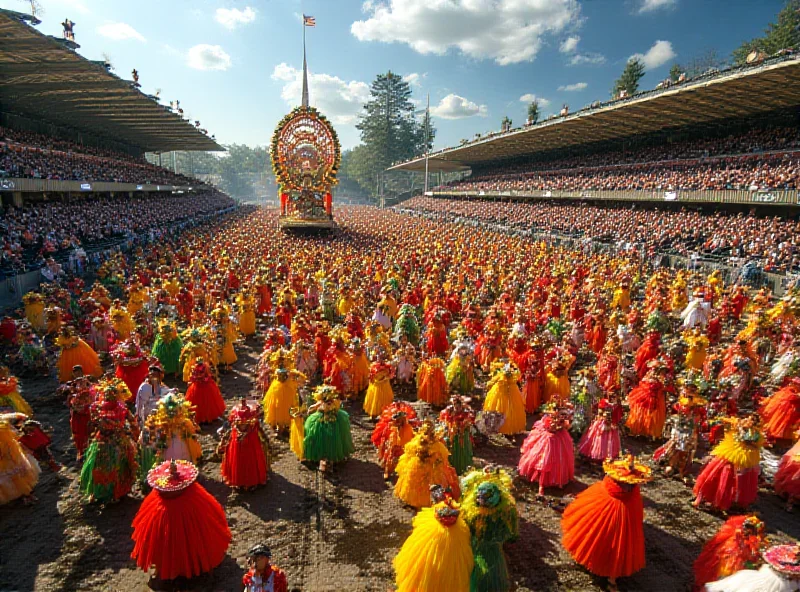 A wide shot of the Grande Rio samba school parading in Sapucaí, showcasing their vibrant costumes and floats representing the riches of Pará.