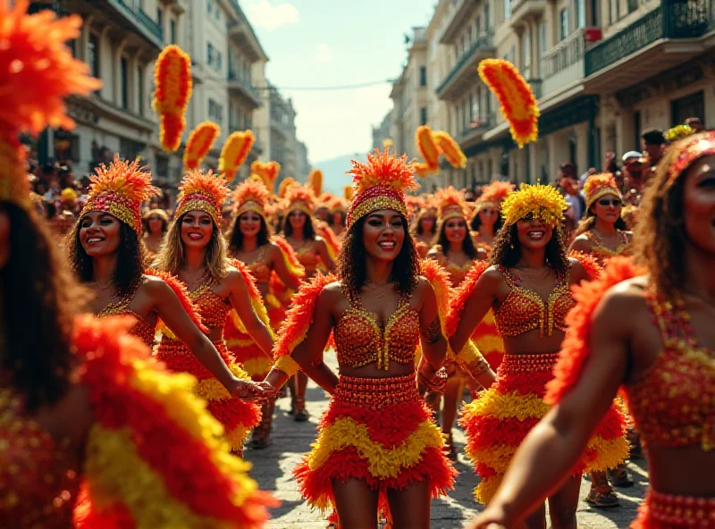 A vibrant scene of the Grande Rio samba school parade in Rio de Janeiro, with dancers in elaborate costumes and the audience waving flags representing Pará. The atmosphere is energetic and colorful, capturing the essence of Carnival.