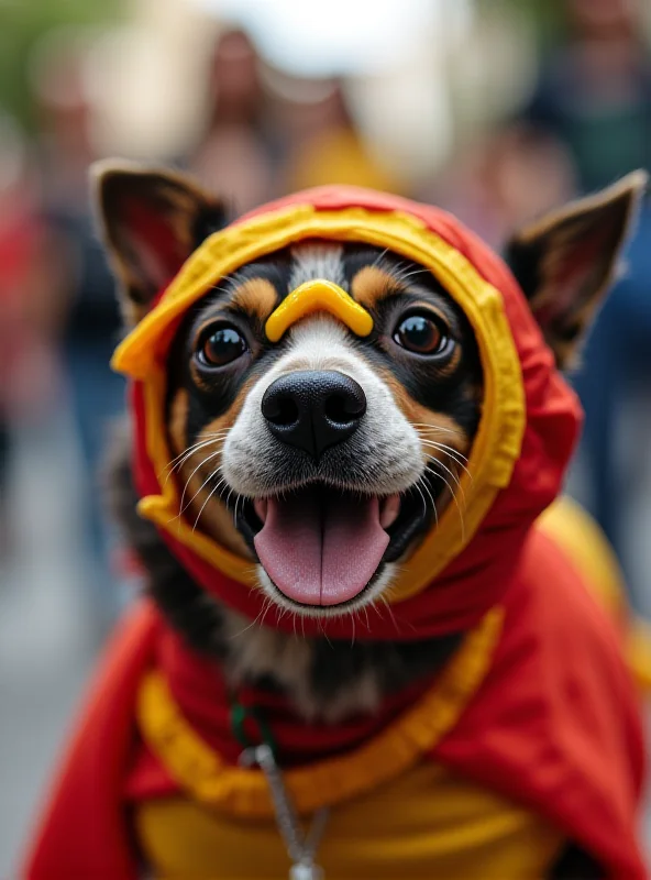 A group of dogs dressed in colorful and creative costumes parading down a street in Rio de Janeiro during Carnival. Their owners are walking alongside them, smiling and waving to the crowd. The atmosphere is festive and joyful, capturing the fun of the dog street party.