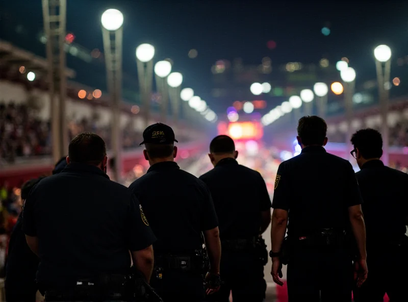 A slightly blurred image showing a section of the Sambadrome in Rio de Janeiro during the Carnival parades. Municipal guards are visible, possibly escorting someone away. The background shows the vibrant spectacle of the samba school parades with colorful costumes and energetic dancers.