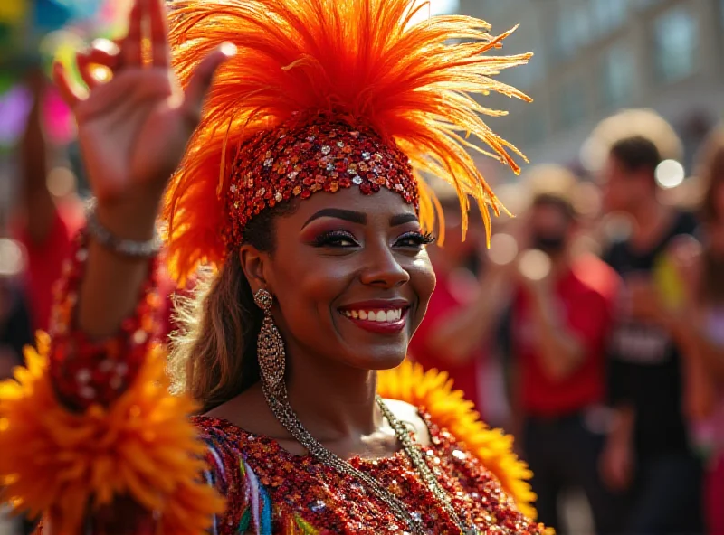 Lore Improta smiling and waving to the crowd after her performance at the Viradouro parade. She is wearing a colorful Carnival costume.