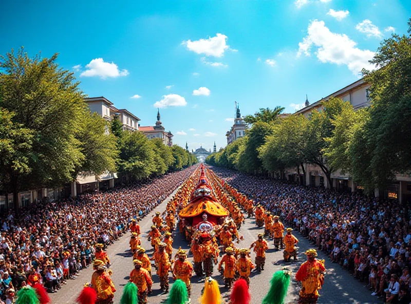 A panoramic view of the Marquês de Sapucaí during the Rio Carnival, showing the parade in full swing and the VIP boxes filled with people.