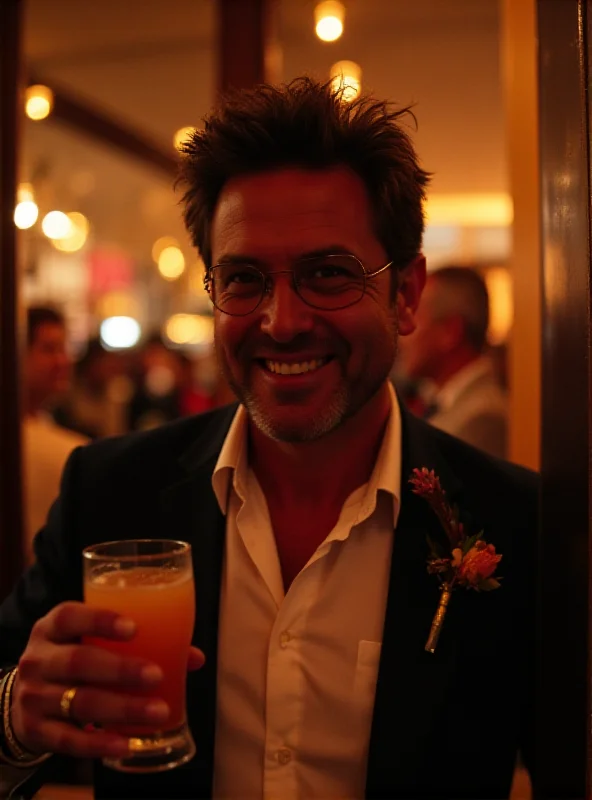 Close-up shot of Antônio Oliva in a VIP box at Marquês de Sapucaí, smiling and holding a drink. He is dressed in fashionable, casual attire.