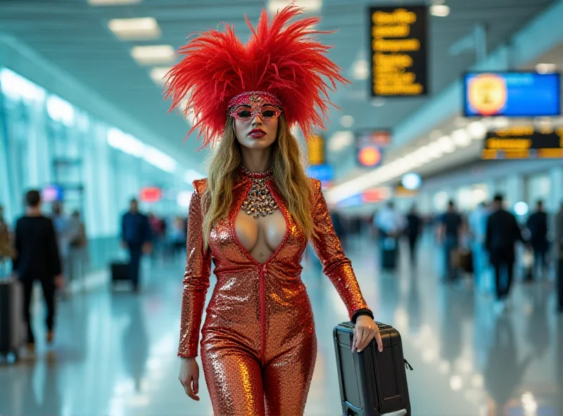 A woman in a sparkling Carnival costume walking through an airport terminal.