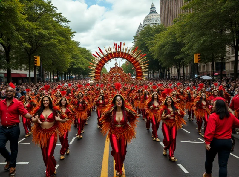 A vibrant and energetic Beija-Flor samba school parade with dancers in elaborate costumes.