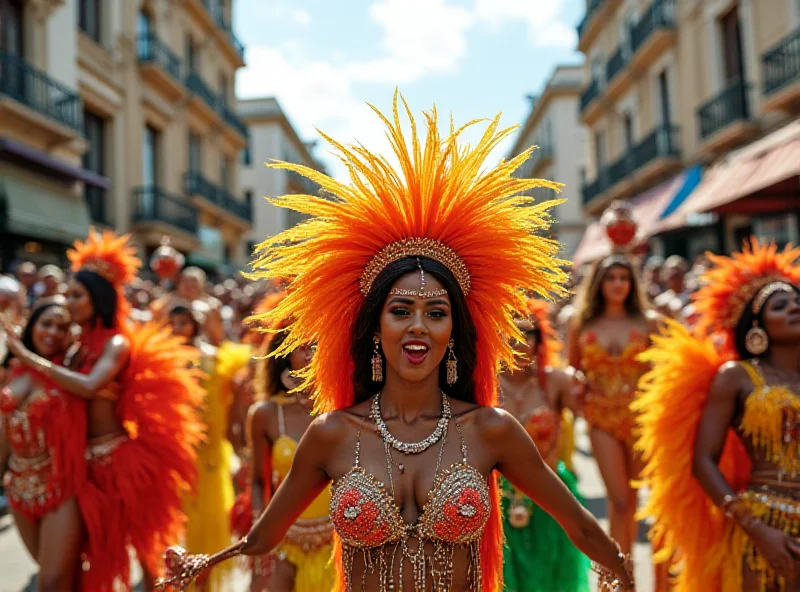 A group of samba dancers in colorful costumes perform during Carnival in Rio de Janeiro.