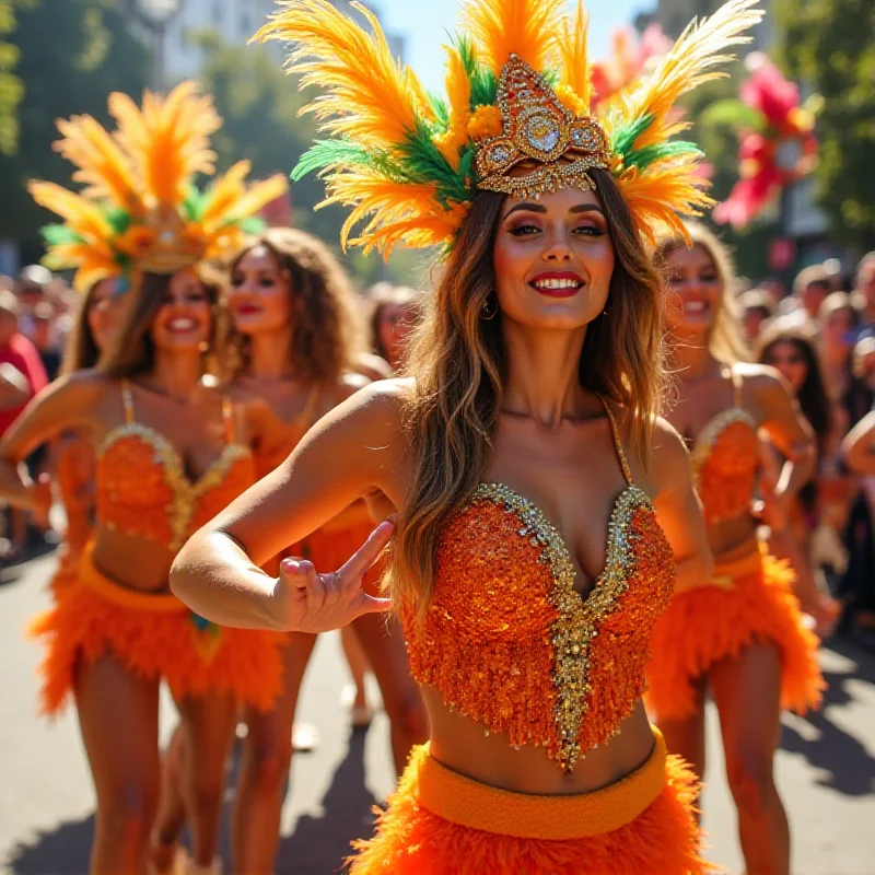 A group of female samba dancers in colorful costumes at Carnival.