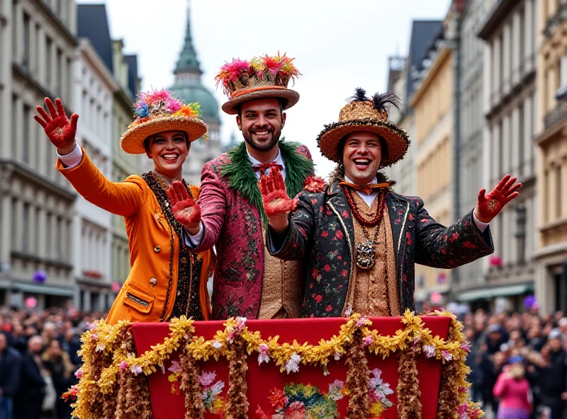 A vibrant photo of the Cologne Carnival triumvirate, dressed in colorful traditional costumes, waving to a cheering crowd.
