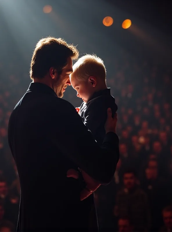 Alessandro Borghi holding his son Vittorio on stage during a Sanremo performance, with Damiano David of Maneskin in the background.