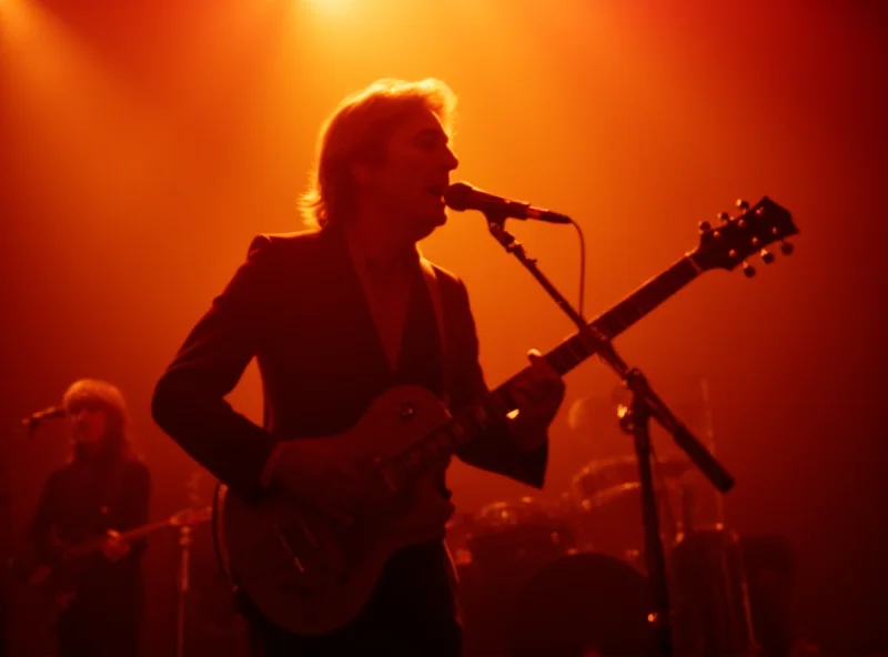 Paul McCartney performing on stage, bathed in warm stage light.