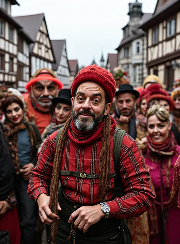 People in colorful costumes and masks celebrating Carnival in Mittenwald, Germany