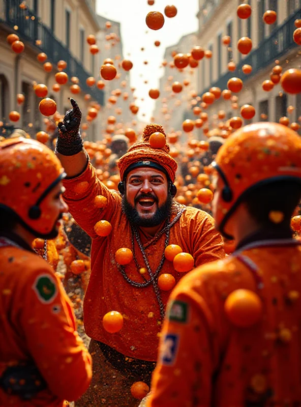 An image of the Ivrea Carnival, showing participants throwing oranges.