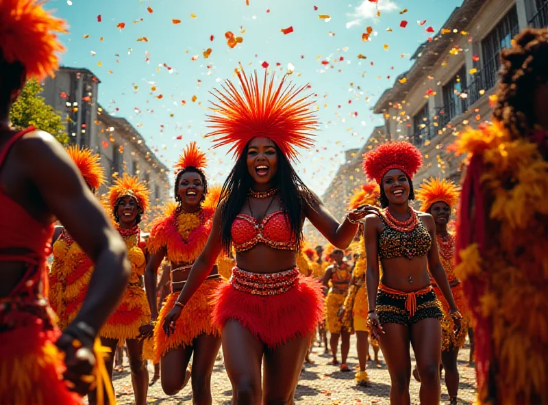 A vibrant scene from the Trinidad and Tobago carnival, filled with colorful costumes and dancing people.