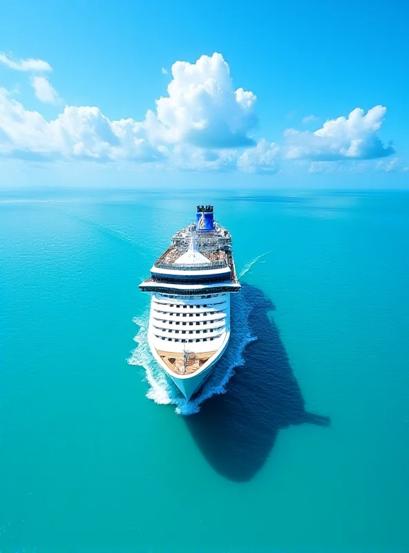 An aerial view of a Royal Caribbean cruise ship sailing on a calm, blue ocean.