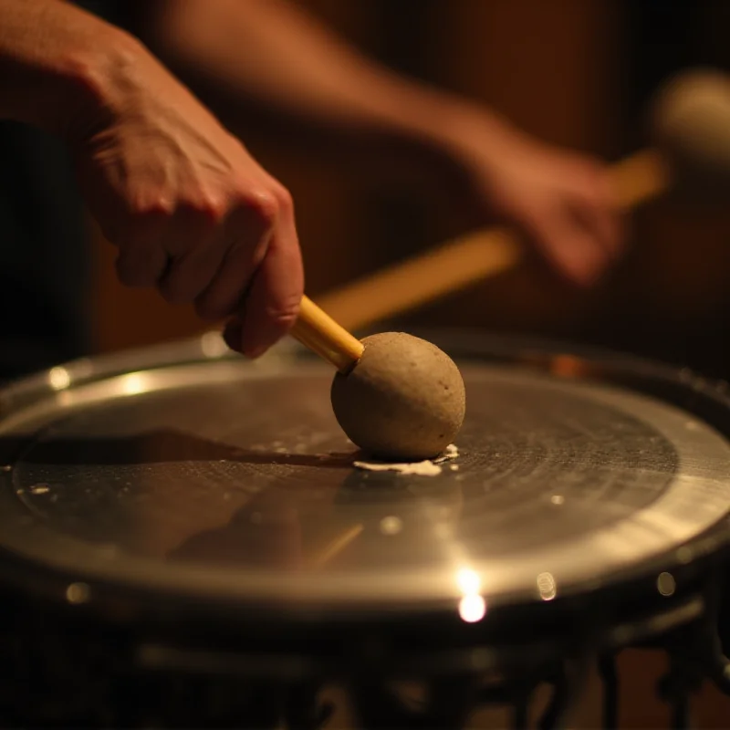 A close-up of a steel pan being played, showing the various dents and curves that create its unique sound.