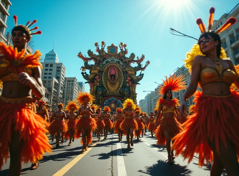 A vibrant Carnival parade in Rio de Janeiro with dancers in elaborate costumes and a large float in the background.