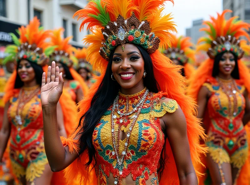 Dira Paes in vibrant carnival costume, smiling and waving to the crowd during the Grande Rio parade. The background is filled with other performers and elaborate floats.