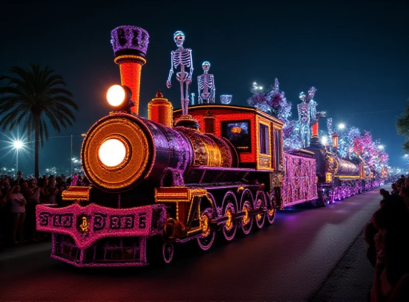 A large, colorful float from Vila Isabel, designed by Paulo Barros, featuring a ghost train theme with ghostly figures and vibrant decorations. The float is moving down the parade route with crowds cheering in the background.