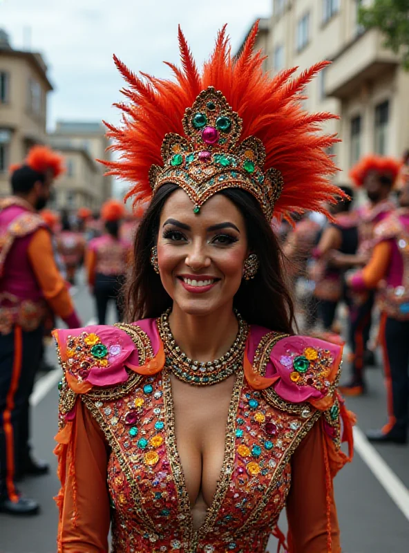 Sabrina Sato in an elaborate, colorful carnival costume, smiling confidently as she prepares for the Vila Isabel parade. There are other performers and crew members around her, adding to the bustling atmosphere.