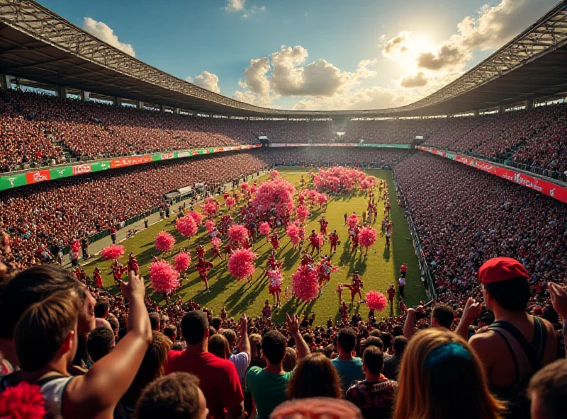 A wide shot of the Sapucaí stadium during a Carnival parade, showing the vibrant colors, elaborate floats, and energetic dancers. The atmosphere is electric with music and cheering crowds.