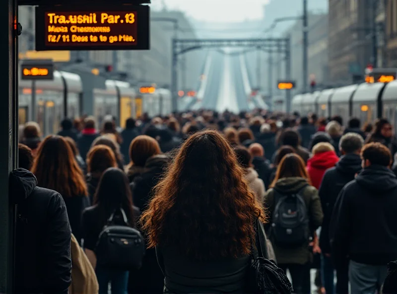 A crowded train platform in Tarragona, Spain with frustrated commuters waiting for delayed trains.