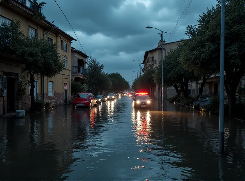 A flooded street in Catalonia after heavy rainfall, showing damaged cars and buildings.