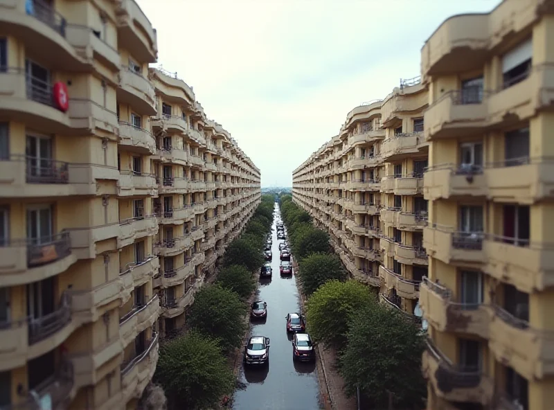 Crowded urban housing in Barcelona, Spain. High-rise apartment buildings densely packed together under a slightly overcast sky.