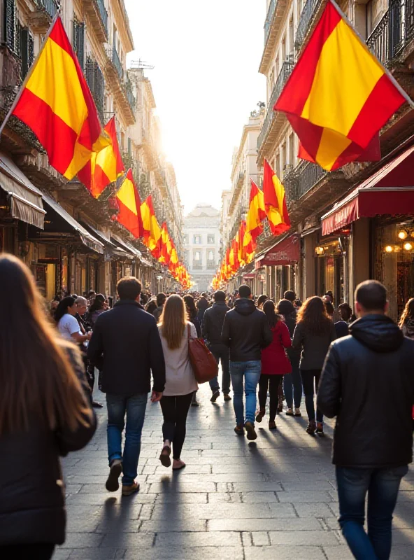 A diverse crowd of people walking through a bustling city street in Barcelona. The street is lined with shops and restaurants. Spanish flags are visible.