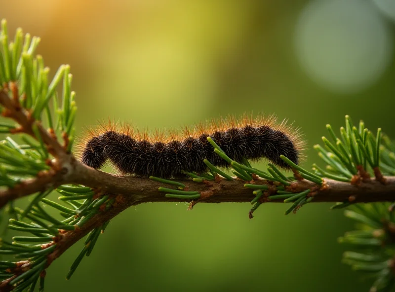 A long line of processionary caterpillars crawling on a pine tree branch.