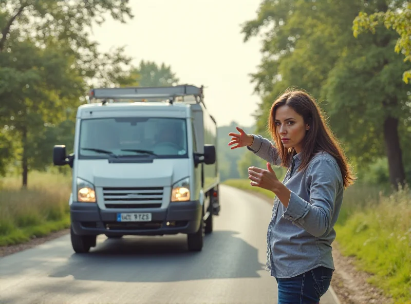 A woman confronting a man and woman in a work van.