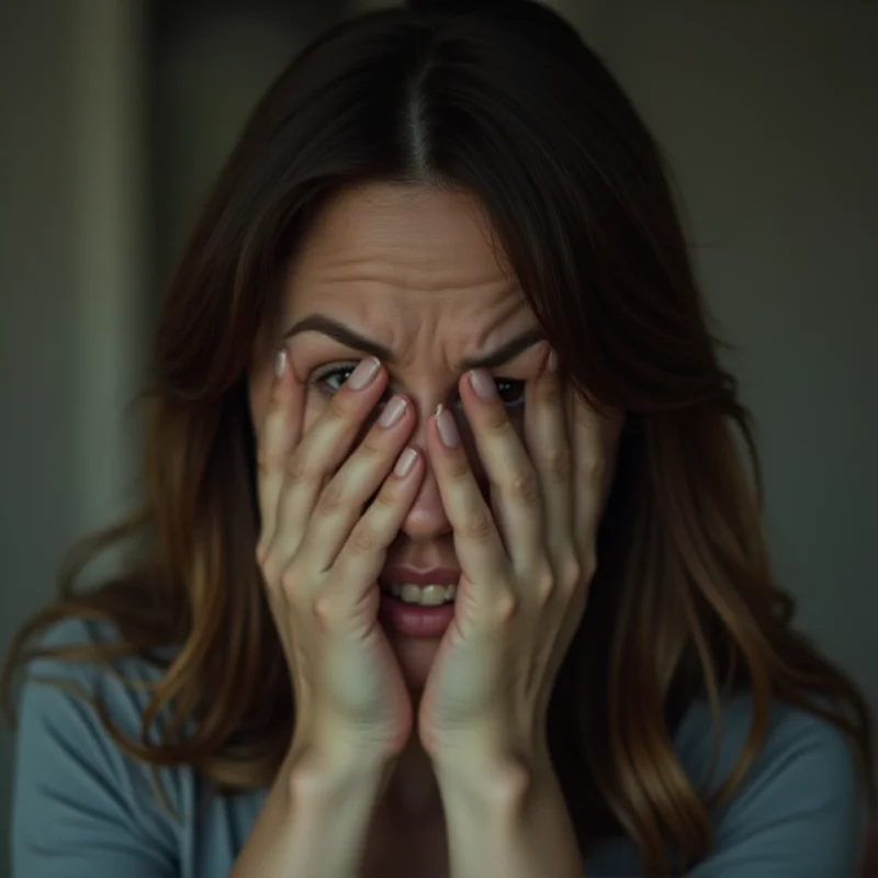 A woman looking distressed, covering her face.