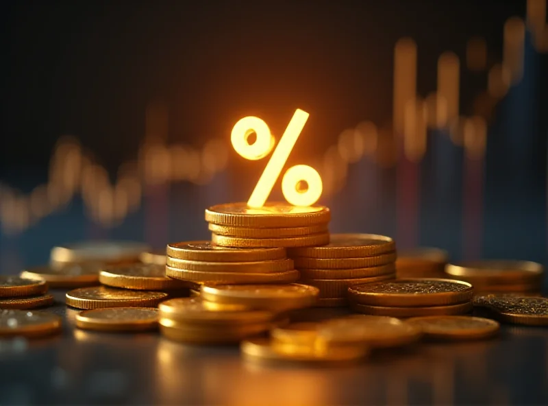 A stack of coins with a percentage sign overlayed on top, symbolizing high interest rates on savings.