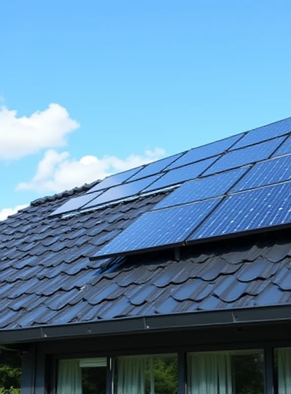 A residential rooftop covered in solar panels, with a blue sky and puffy white clouds in the background.