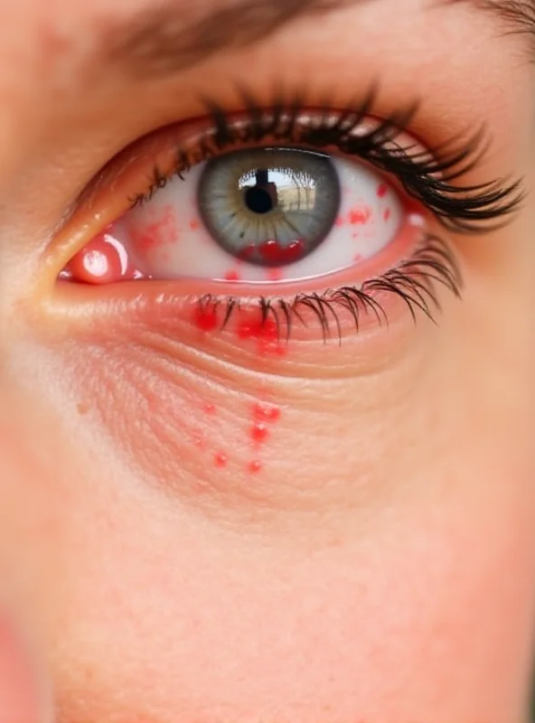 Close-up shot of a person's eye with visible redness being treated with eye drops. The eye on the right side is clear and white, while the left eye shows the redness before treatment.