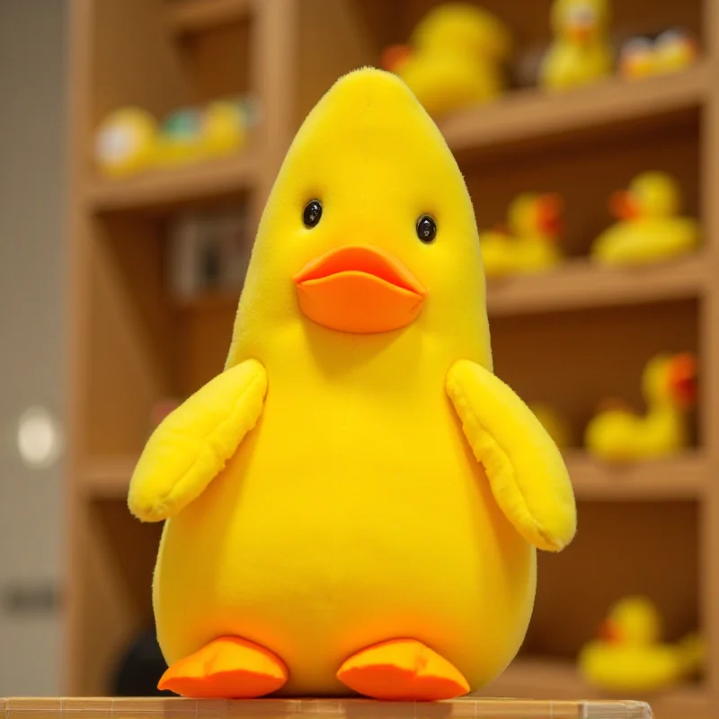 A banana-duck plushie sitting on a shelf with other novelty items. The plushie is yellow and shaped like a banana, but has a duck's head and feet.