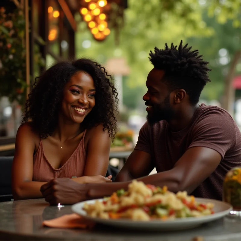 Jodie Turner-Smith laughing while talking to Moses Sumney at an outdoor event.