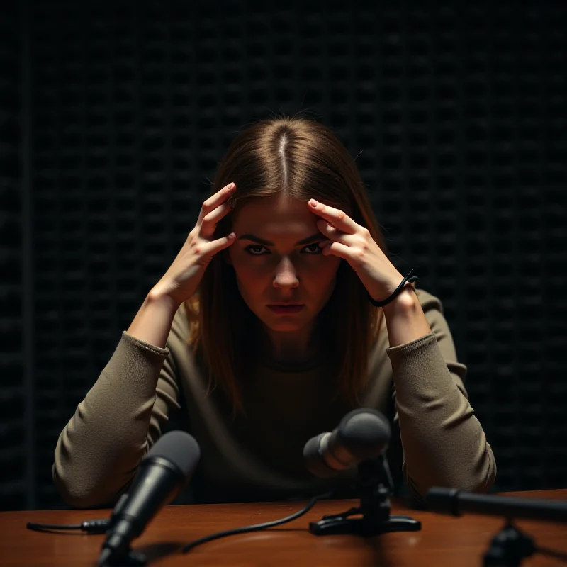 Hannah Berner on a podcast, looking stressed and holding her head