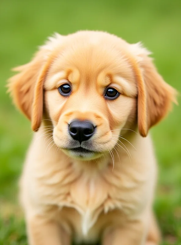 A golden retriever puppy looking directly at the camera with a playful expression.