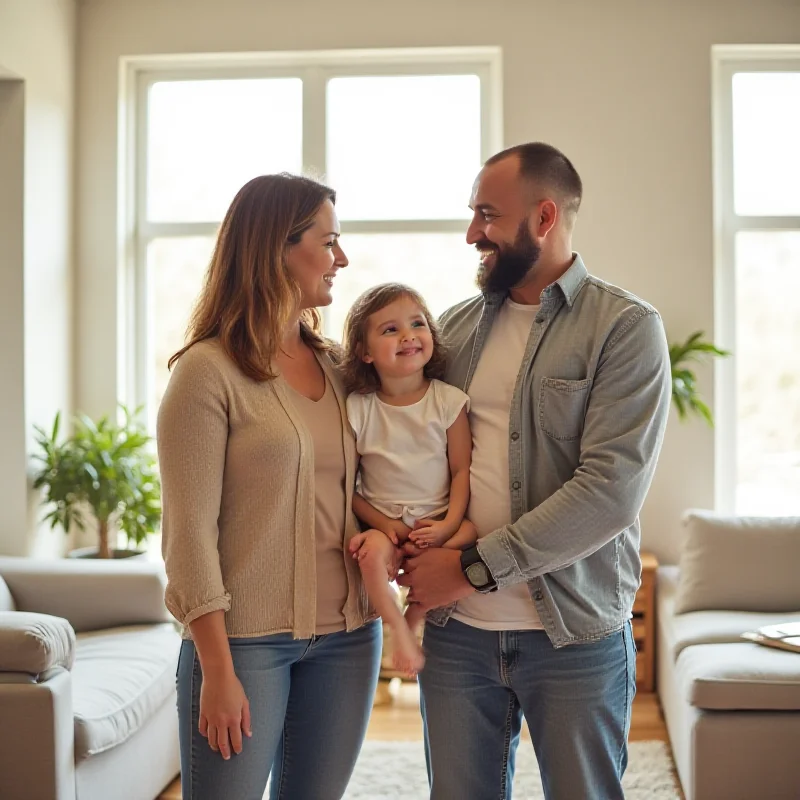 A family of three smiles warmly at each other in a bright and airy setting.