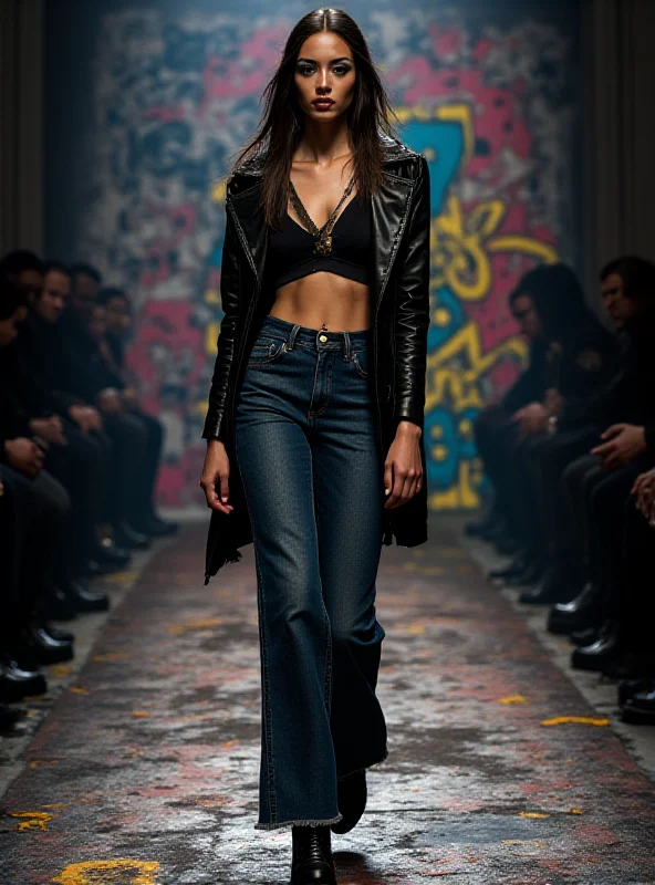 A model walks the runway at the Diesel show during Milan Fashion Week, wearing ultra-low bumster jeans and dramatic makeup.