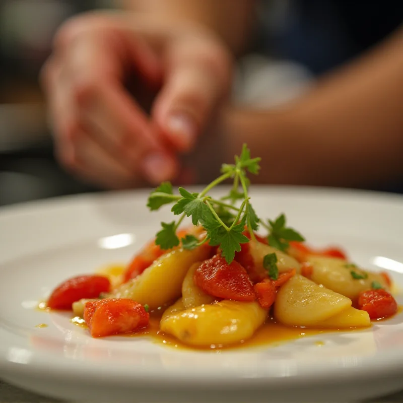 A close-up of a contestant plating a dish on MasterChef Italy, showcasing culinary skills and creativity.