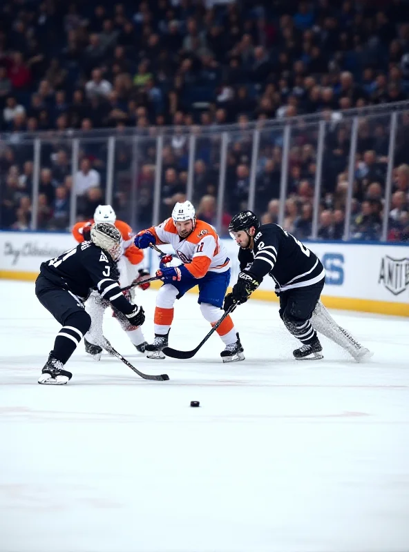 Hockey players skating on the ice during a game.