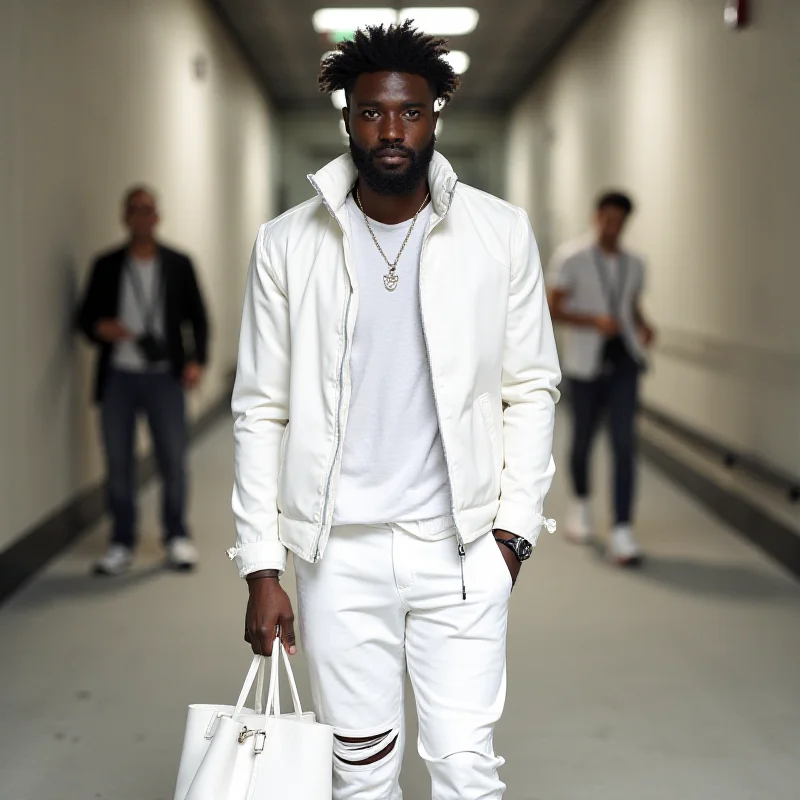 Jaylen Brown walking into the arena in an all-white outfit.